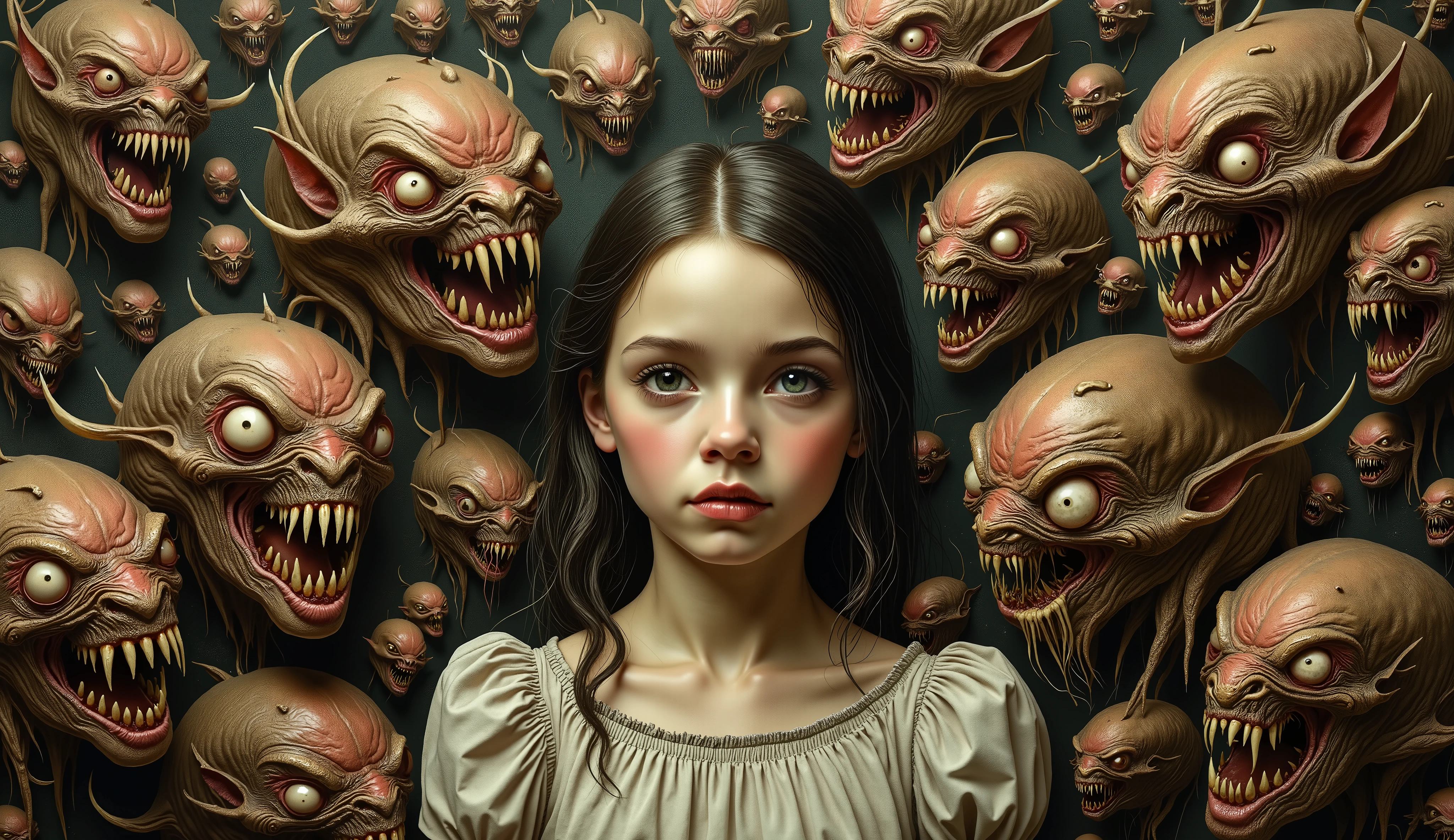 An intricate mixed media artwork depicting a surreal scene of a young woman surrounded by a swarm of malevolent, anthropomorphic creatures, each with distorted features and sharp teeth, portraying the unsettling blend of innocence and horror. In the style of Mark Ryden.