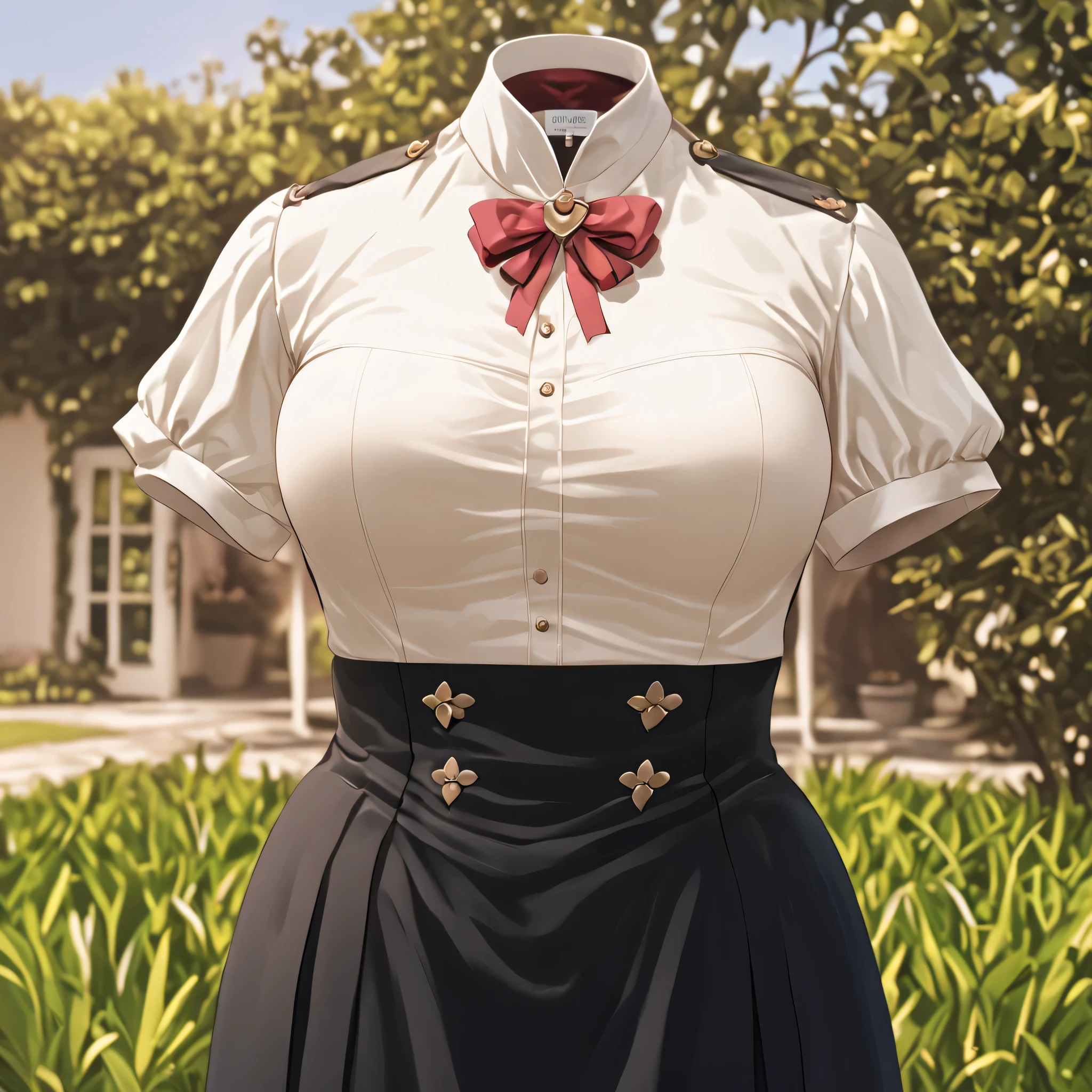 Hilda Valentine Goneril, white blouse, black skirt, Garreg Mach uniform, masterpiece, in garden, (invisible:1.5, no humans:1.5, headless:1.5, faceless:1.5), cute big huge breasts, detailed cloth texture, extremely details, close-up to breasts