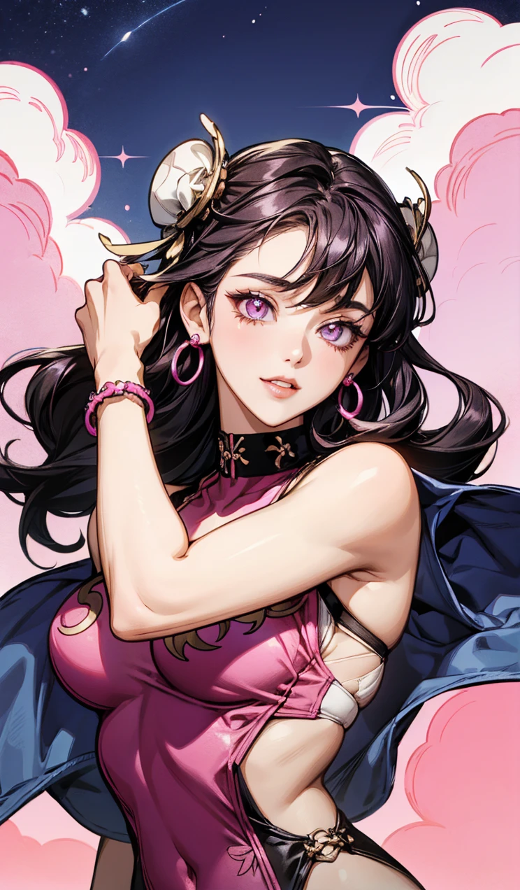 thick sailor mars, black hair, purple highlights, purple eyes, arms at sides, kawaii, cute overload, 60s psychedelic anime style, funky, trippy, playful, pastel color palette, art nouveau, art deco, pop art, absurdres, highres, ultra detailed, big tits, cleavage, realistic depiction, red sailor sesnhi lingerie, (arms behind back),