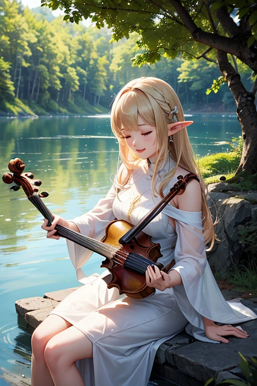 ((fullnude))、Lotus flowers in full bloom、Beautiful girl playing the violin by the pond with Monet'With the lotus pond in the background, (fantasy violin), Nymphet、(Flat)、A slender、Blonde goddess, fantasy violin, light milky white porcelain skin, (Platinum blonde super long twin tail hair), russian fairy, perfect naked girl, (Lori), a blond, Belle Delphine, blonde - haired princess, small curvy loli , Long platinum blonde hair