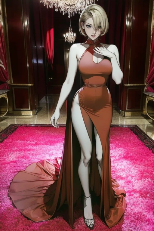a girl lady big breast sexy attractive sensual sensitivity long red hair shine her blue eye eyelash painted purple soft red lip she dresses long red dress elegant glitter pair net sock black heel black thigh sensual sexy she singing theater lady