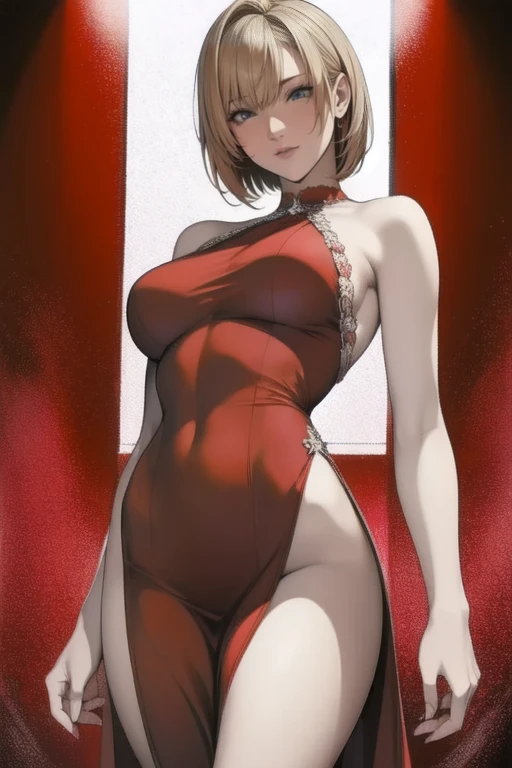 (masterpiece, best quality:1.2),((photoreal:1.3)),perfect anatomy,((solo:1.5)), ((alone:1.5)),((1 middle age woman:1.5)),((1 mature woman)),perfect eyes,Ritsuko Akagi, ((looking at viewer:1.4)),((horizontal angle:1.4)),((straight-on)),((face and body straight at the camera:1.4)),(view from the front,shooting from front,lighting from front),((small breasts:1.4)),(sagging breasts:1.2),((Piutuary small breasts:1.2)),(muscular:1.0),((do not hide your crotch:1.4)),((cod lips)),((squatting:1.3)),((spreading legs wide:1.3)),(holding your head high),((hands on hip bone:1.4)),delicate and beautiful,((gold hair)),((bare shoulders)),((bare legs:1.4)),BREAK (deep crimson long dress:1.3),detailed hair,high heel,halterneck dress,sleeveless dress