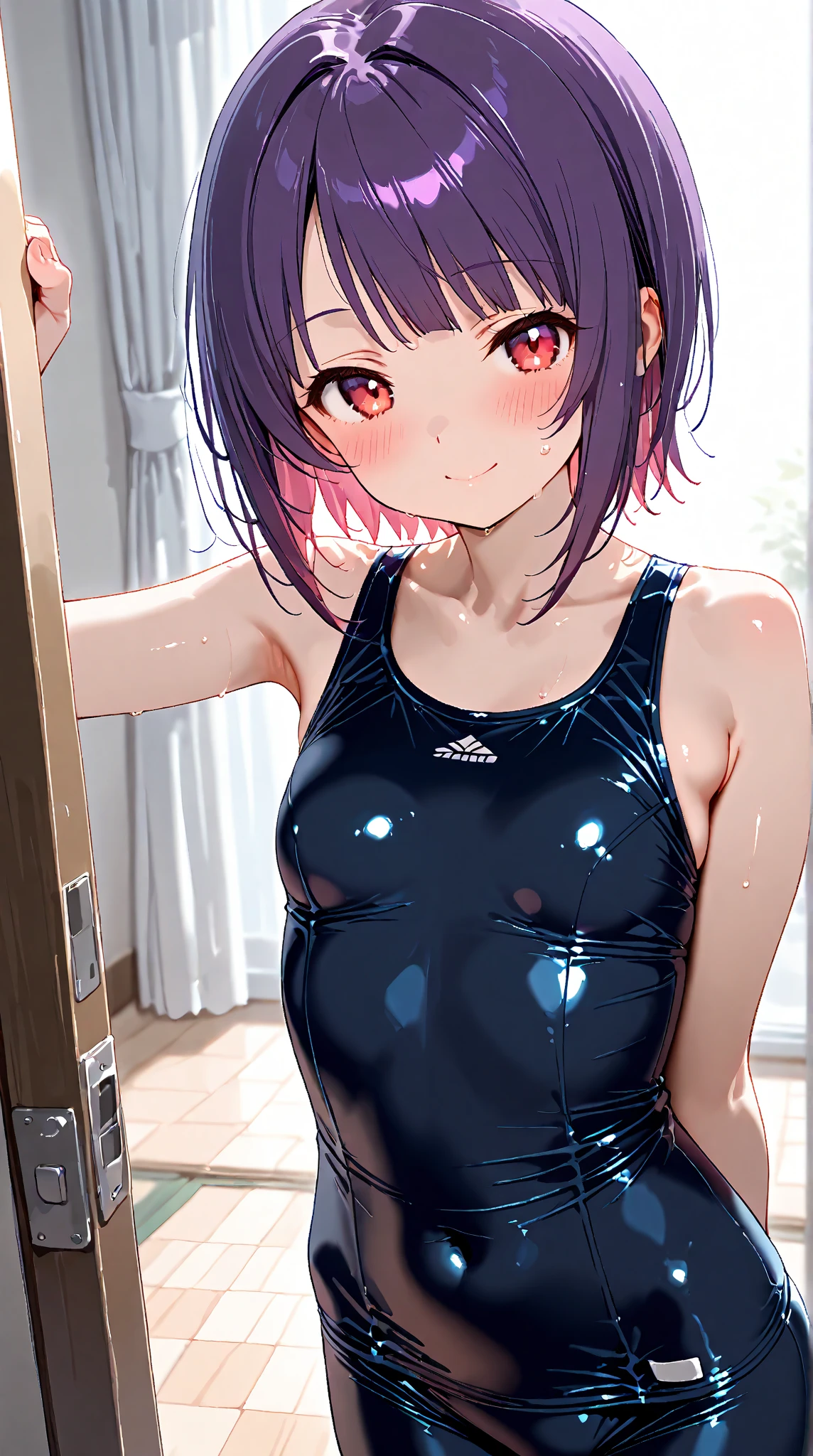 masterpiece, best quality, ultra detailed,,1girl, blush, sweat, hair ribbon, twin tails, ((school swimsuit)), pantyhose, (dark skin:0.7), slender, dynamic pose, pool