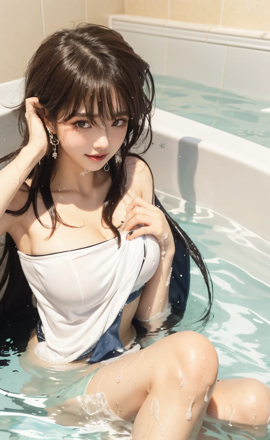 Beautiful woman with perfect body:1.4,Layered Hairstyle,Prominent cleavage,Highly detailed face and skin textures,Double eyelids,Skin Whitening,Long hair,Whitened long legs,Improved leather jacket,Sexy goddess,Swimming pool