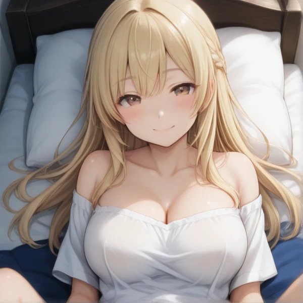 (masterpiece, best quality:1.4), 8k, Close Up, White straight Hair, Young adult, anime girl, laughing, Teasing, light Yellow Eyes, Really Big chest, White towel, Sexy Lingerie, in bed (detailed eyes and face, sharp pupils, realistic pupils:0.6)