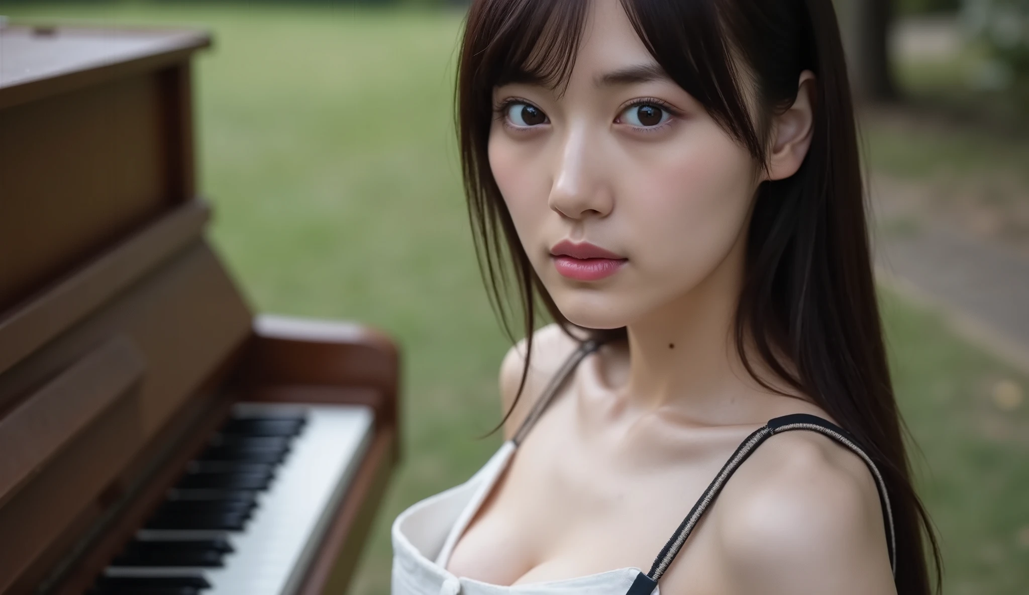 1girl, 20 years old, young girl next to piano, Japanese girl, long dark brown hair, (wearing a tank top with thin straps, plate miniskirt), open button, Button release, take a picture, close-up, natural breasts, skinny, Disconnect.