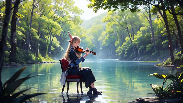 30 year old girl playing the violin,wearing red dress, In the forest, Anime, Bigchest,She has big eyes, Heir of the twin tails, Pink heir,Cute Girl,maid apronl,Fantasy, Sitting on mushrooms,