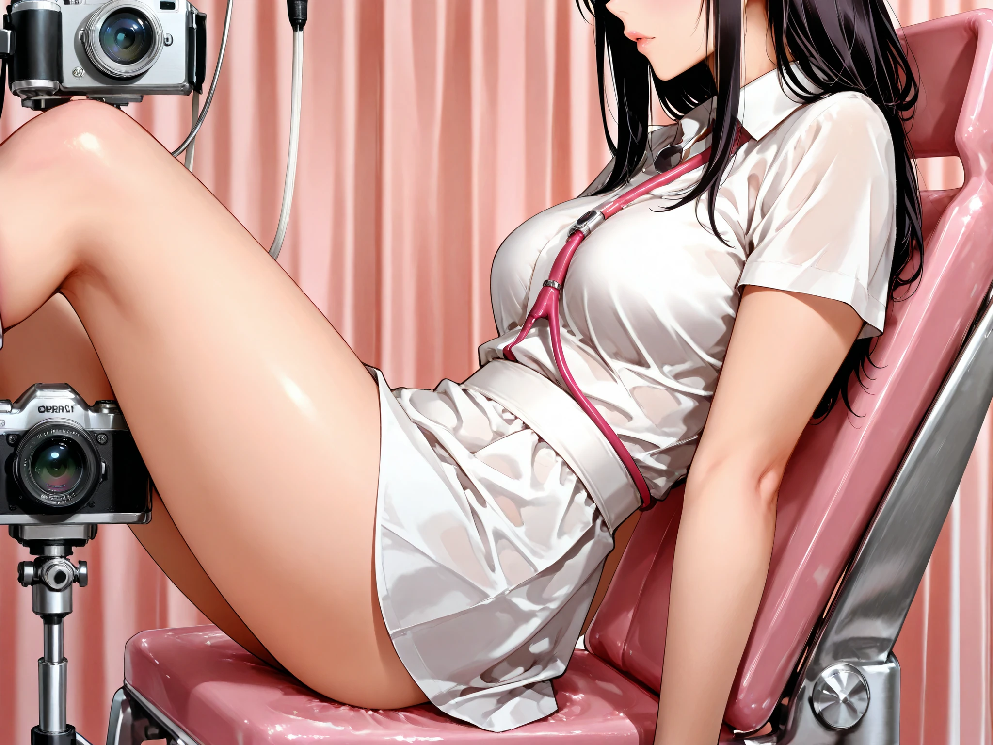 master piece,best quality,ultra detailed,Obstetrics and Gynecology Chair,modern,Pink,leg support,camera 135 degree from side,120 degree above,close up 30mm