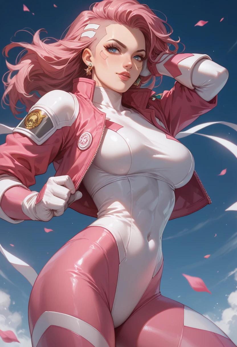 masterpiece,best quality,1girl,pinkranger,pink hair,long hair,bodysuit,skin tight,gloves,huge breasts,wide hips,thighhighs,one hand on hip,looking to the side,cowboy shot,<lora:PinkRanger:0.8>,