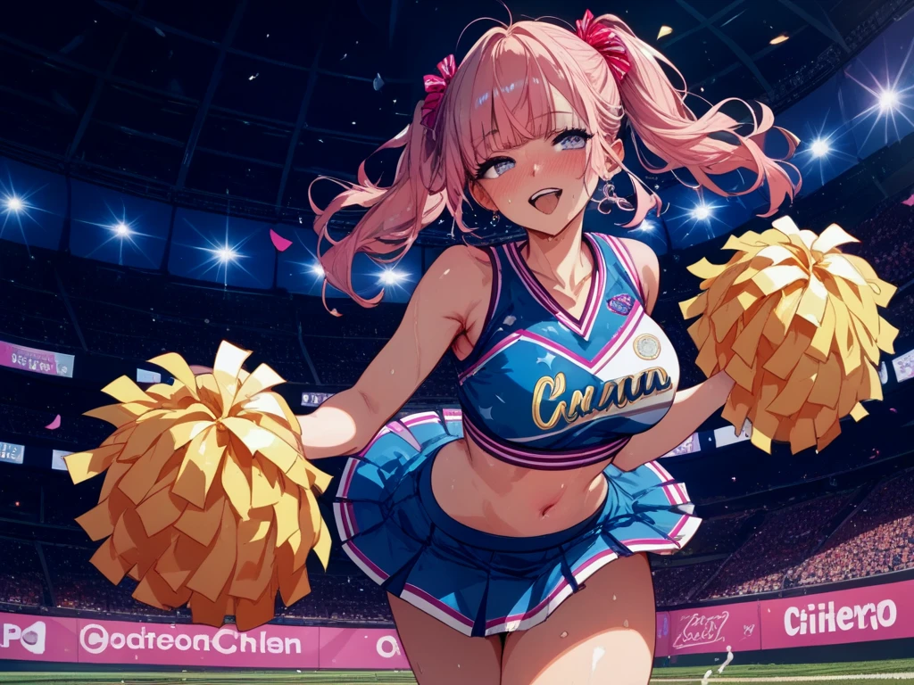 ((wearing cheerleader outfit a silver_color)), (mini skirt), skinny, 4 defined fingers, 1 defined thumb, looking at viewer, solo, 1 woman, 25 years old, AI generated, highest quality, masterpiece, ?????????????, perfect face, 8k , Dynamic Pose, (short hair), (pink hair:1.5), bob cut, black eye, ((smile)), ((thin thighs)), ??????????????, perfect limbs, ????, (visible ???????:0.9), (?????????:0.3), ((The costume is metallic, shiny and lustrous)), facing straight at viewer, (standing), ???? pose, ((holding pom poms)), Bright outdoor park during daytime,