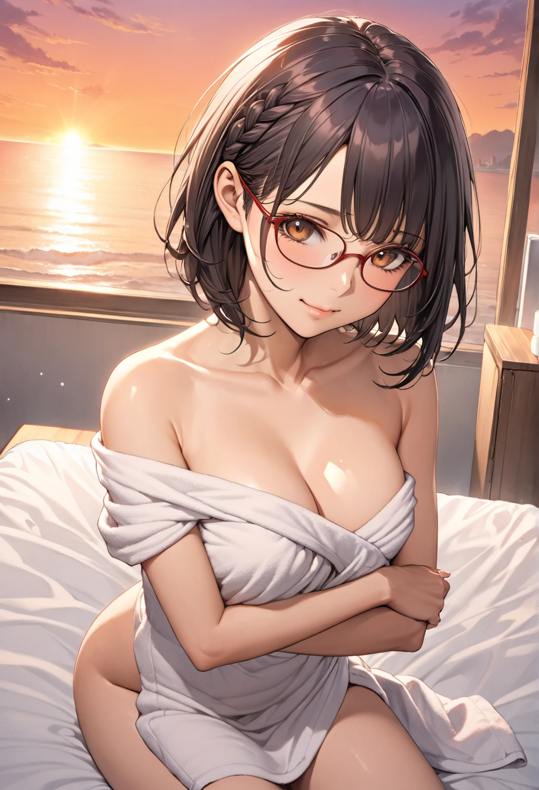 masteepiece、best quality, ultra detailed, high resolution、1girl in、in one's underwear only、Light red lingerie、large full breasts、Lying on your back in bed、Cute anime illustration、wearing a glasses, at night, staryy sky, night time,
