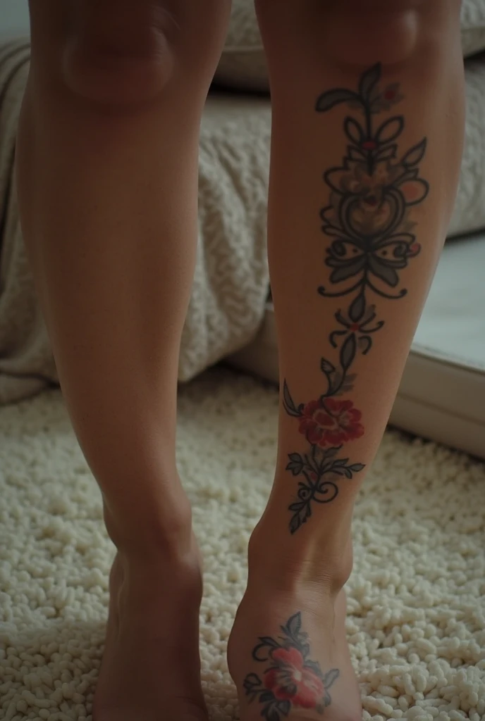 Chinese girl, white skin, shaggy breasts, big breast, 23 years old, shy smile, thick body, chubby body, curvy waist, sunny morning, milky white skin, a butterfly tattoo on the shoulder back, a big flower tattoo on the thigh, there is a tatoo says "Thasya" on the lower arm, black strapless bra, lying prone, lying face down, on the red sofa, spread the legs, nakeness, full body, beautiful nail arts, thin pubic hair, wide open her legs, black hair, straight hair, sexy toe, camera from side, full body from toe to head, full body on frame