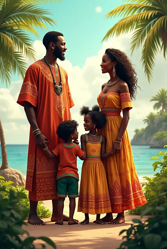 Xangô and Yemanjá side by side, holding hands with a boy who is between them