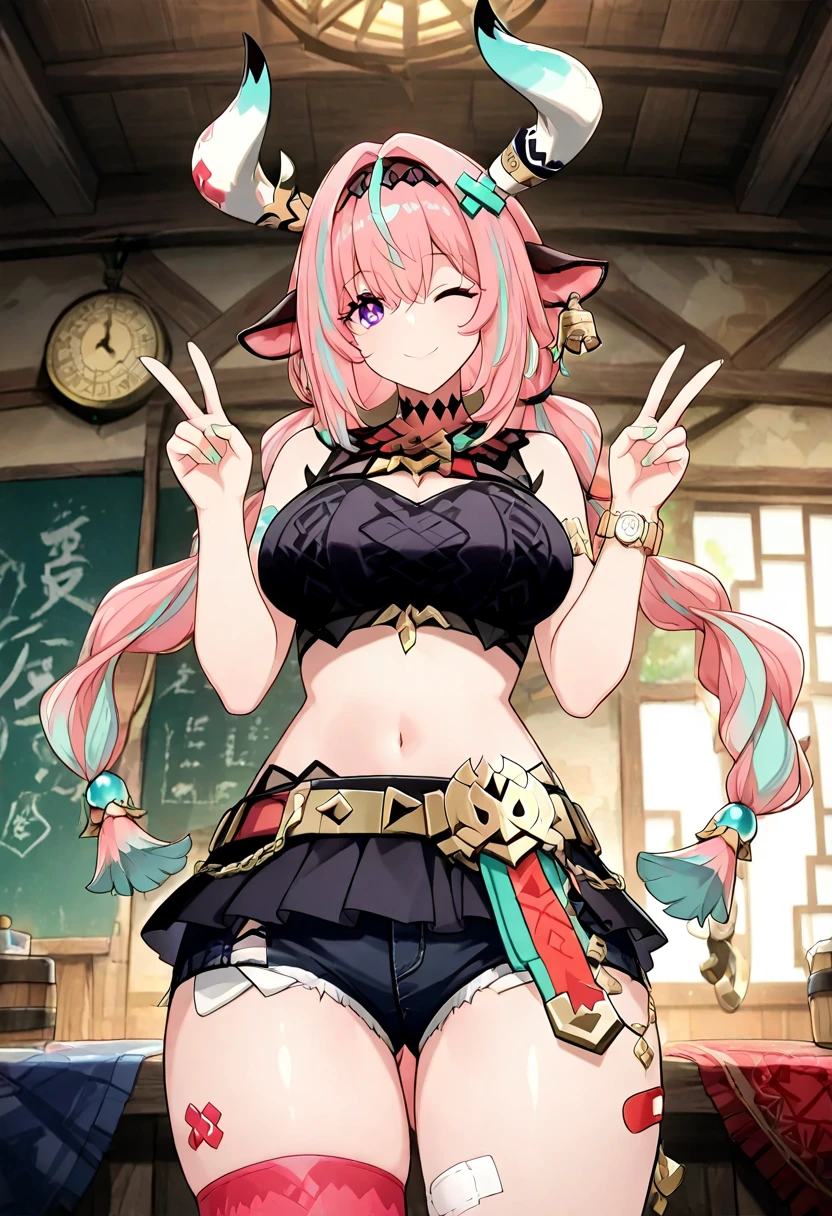masterpiece, best quality, 1girl,(gigantic breasts), (wide hips),(thick thighs),  (qipao), long qipao, red qipao, (red chinese dress:1.3), skindetantion, blue thighhighs,(hakari_blush:1.6),(blush:1.2), angry, chinatown, black gloves, pink hair, green eyes, slender waist, hair ornament, flower ornament, hakari_flower, twin_hair_ornaments, hair_ornament_in_both_sides_of_the_head, hakari_eye, hakari, 