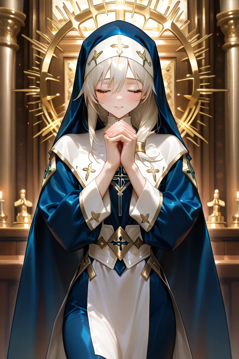 ((highest quality)),(ultra high resolution),(Super detailed),(detailed description),((best CG)),(best work of art),super precision art,great drawing art,(Fantasy art with precise details:1.5), (Female priest:1.6),(beautiful and well-shaped face:1.5),(natural makeup:1.5),soft smile,(A detailed and detailed robe:1.5),Intricate and detailed embroidery:1.5,rosary:1.4,A benevolent smile:1.4,(Shiny braided hair:1.5), (A solemn altar:1.6)