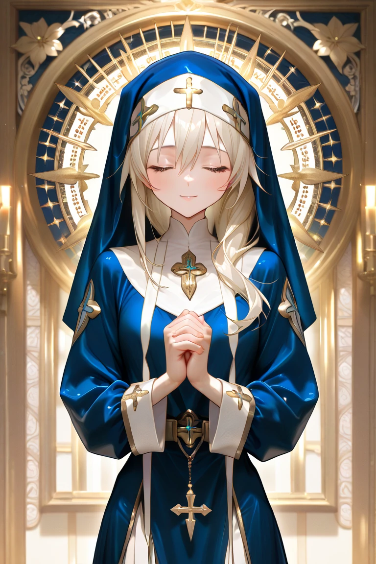 (masterpiece), (best quality), (extremely detailed), (1girl), solo, (pretty cute girl), looking at viewer, smile, slender, evenly sized eyes, extremely detailed eyes, priestess, hair ornament, upper body, (grand church of the exaltation of the holy cross steeple), outdoors, wide shot, extremely detailed wallpaper, (completely detailed features), 16k, UHD, own hands together, â¦ï¸