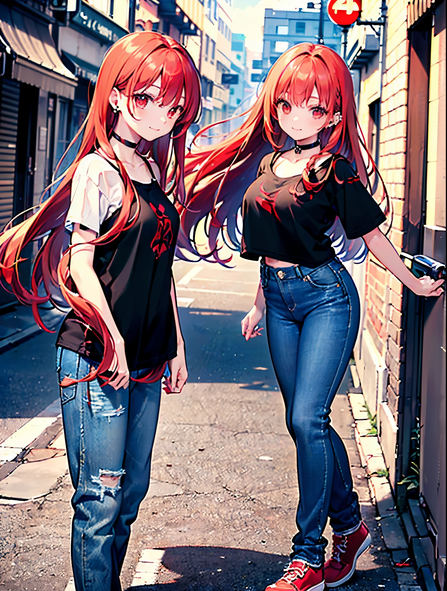 Ryuubedon, eyes red and gold, wicatalyst, red Hair, red and gold eyes,Long Hair,peitos grandes, happy smile, smile, Open your mouth, Oversized black y-shirt,Big Breasts,black skinny pants,Stiletto heels,morning,morning陽,The sun is rising,walking,whole bodyがイラストに入るように,Looking up from below,
break looking at viewer,whole body,
break outdoors, In town,
break (masterpiece:1.2), highest quality, High resolution, unity 8k wallpaper, (figure:0.8), (Beautiful fine details:1.6), Highly detailed face, Perfect lighting, Highly detailed CG, (Perfect hands, Perfect Anatomy),