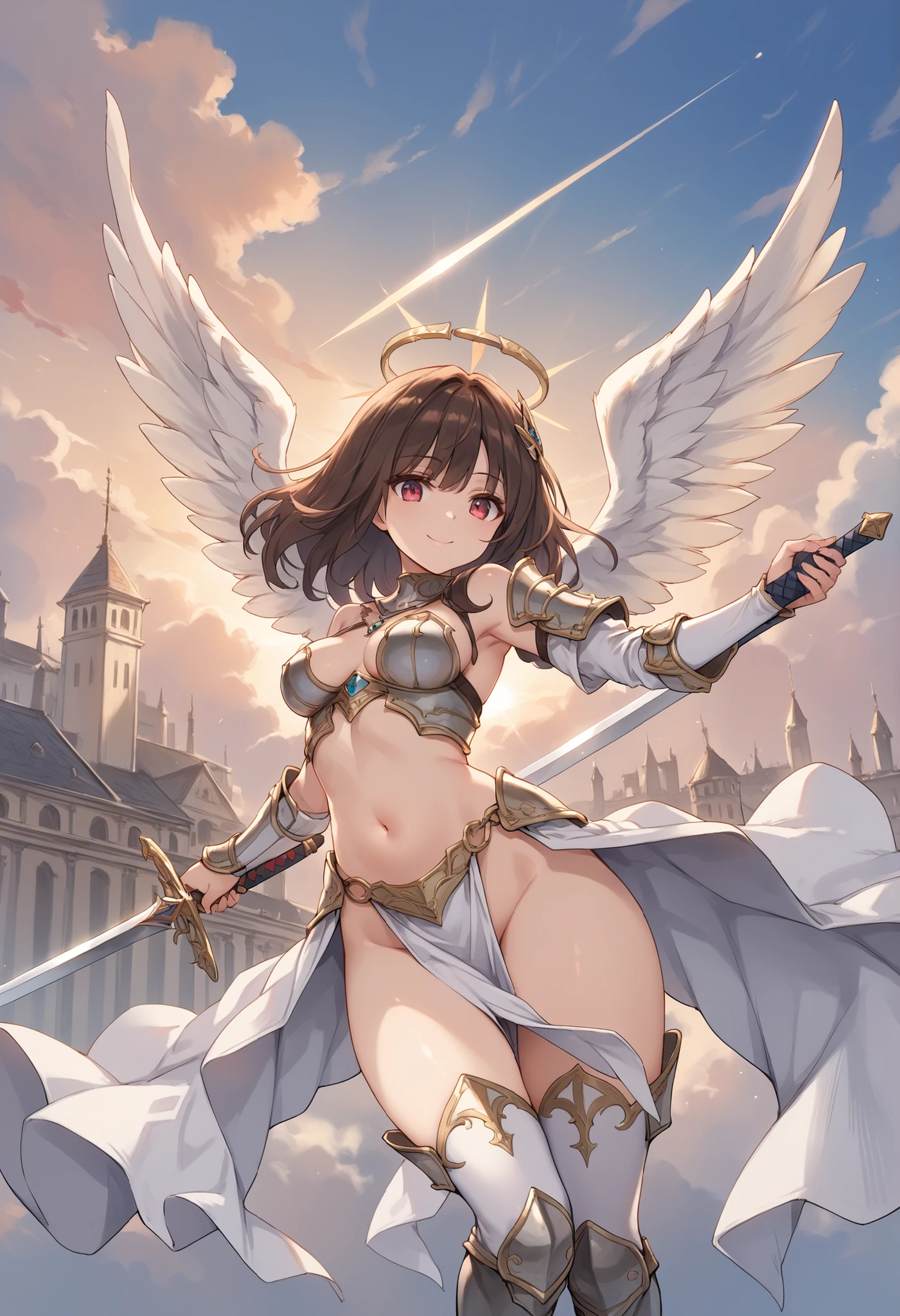 fantasy, 1angel_girl,young_, ,brown_hair, medium_bob_hair, long_bangs, halo,bare_shoulder,thighhighs,silver_armor, waist_armor, large_breary,grinning,open_mouth_teeth, 1pair_wings, dynamic_pose_fighting,floating, bare_crotch, headgear,gauntlet, greaves,city_background,slightly_spread_legs, solo, groin_naked,
