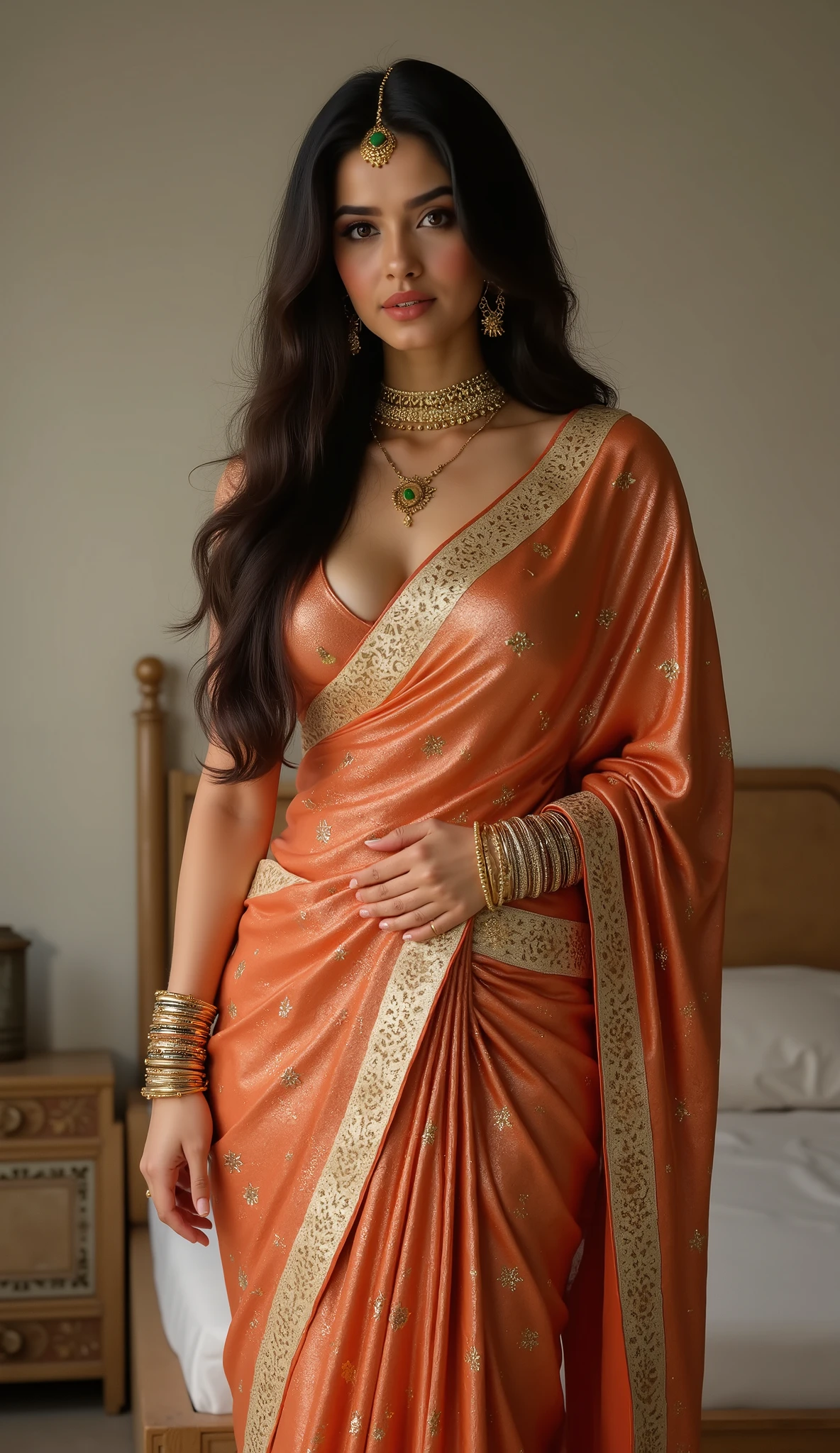 "Create an 8K hyper-realistic, cinematic LUT color-graded photograph 📸 of Ananya Sharma, a 27-year-old South Asian fashion influencer. She has a warm golden brown skin tone ✨, long straight dark black hair 💇♀️, and almond-shaped dark hazel eyes 👁️. Her face shape is diamond or heart-shaped ❤️, with defined cheekbones, full lips 💋, and bold eyes enhanced with dark eyeliner. She is 5'7" tall (170 cm) and weighs 56 kg (123 lbs), with an hourglass figure 💃 featuring full round 38-inch chest 🍒, 26-inch waist, and 38-inch hips 🍑. Thighs: 23 in, Calves: 14 in.
She is wearing a metallic copper-orange saree with intricate gold embroidery, styled in a traditional Indian drape that accentuates her curves. Accessories include gold earrings, layered bangles, a choker necklace with a green gem, and a traditional hair accessory.
The setting is a minimalistic fashion editorial backdrop, with cinematic lighting and realistic shadows. Her face and full body are in sharp focus. Skin glow is visible with ultra-detailed lighting, maintaining consistent facial features. Color grading uses a muted palette 🌫️. Shot in a high-end magazine editorial style with ultra-detailed textures.
📷 Camera: Full-length portrait, sharp focus on face & body, fashion photography framing.
🛠️ Technical Specs: 8K ultra HD, seed: 863504818, photorealistic, consistent character features, cinematic LUT, muted tones, fashion & editorial magazine look.