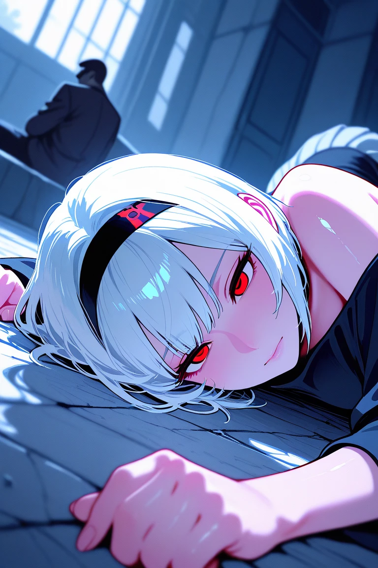 Portrait Of Girl, Face close to the camera, With his back to the viewer, upper-body, the night, Lies, Erotica, Romantic, closeup face (very detailed eyes, Lips 1.1), Face close, extends his hand to the viewer, gloomy composition, gloomy background, Room, Very detailed. stands on the edge of the roof, gloomy atmosphere, very detailed eyes, grey-blue eyes, Beautiful figure, Ruins, ruined city, very detailed eyes, facing the viewer, Beautiful figure (Proper Anatopy 1.1.), in full height (Body Full 1.1), Slim, Slender figure, shapely legs, Anime style, 2B from the anime NierAutomato, white colored hair, Bob hairstyle, Cutouts on the shoulders, Cutouts on the chest, Neckline at the waist, black stockings, Black Short Skirt, Very detailed face, Very beautiful face, in full height (Body Full 1.1), small elastic breasts, Beautiful slim figure, femininity,tmasterpiece,beste-Qualit,higly detailed,8K resolution, High Sharp, 8K resolution, higly detailed, 8K UHD, Professional lighting, Photon mapping,physical based rendering, a perfect face, detailed face and body, ray traced, expressive look,elastic small breasts, Heightened sexuality,