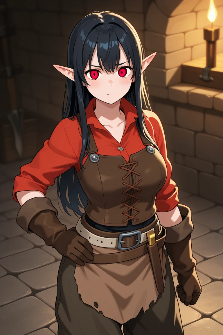 high detailed 1girl, elf, red_skin tan, black_hair hair_bun single_hair_bun, serious, (yellow_eyes), (animal_nose:1.2), pointed_ears, simple_background, female_focus, final fantasy tactics, jrpg, demacia, vox machina style