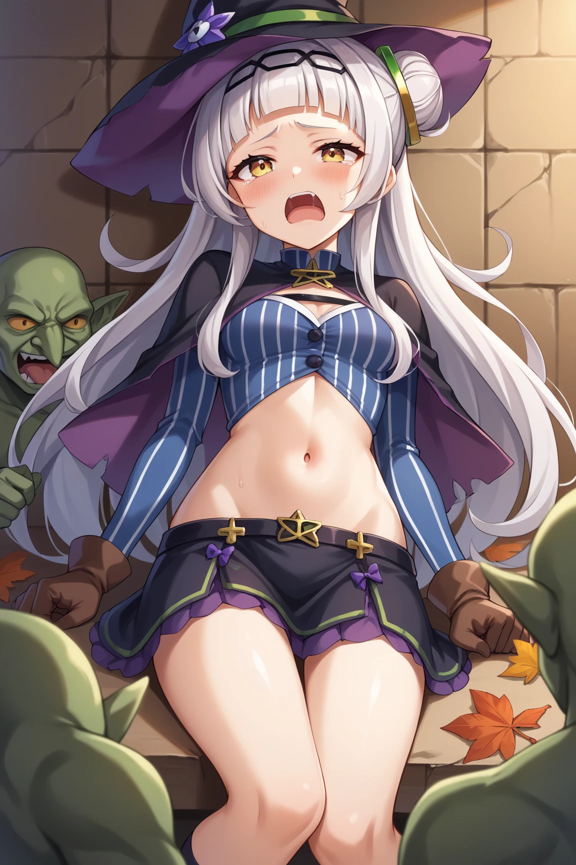 (NSFW:1.3), masutepiece, Best Quality, Ultra high definition, The highest resolution, Very detailed, Highly detailed face, (From below:1.1), 1girl in, elaina_(nice_No_tabitabi), Silver hair, Purple eyes, Long hair, hat, Small breasts, Cowboy Shot, (Sex with multiple men:1.3), cum shots, Spread legs, Lying down, Breasts out, Cute face, deadpan, Looking at Viewer, Outdoors, Crowd of boys, Boy filming with camera, Anime style, wakame