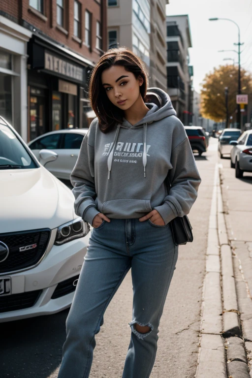 ((best quality)), ((masterpiece)), (detailed), 1 girl with long blond hair, ((work of art, high qualiy, high resolution, highly detailed 8K unified CG wallpaper)), (huge and impressive photo of the goddess, walking down the stairs, beautiful legs, shorts, grey hoodie, european interier