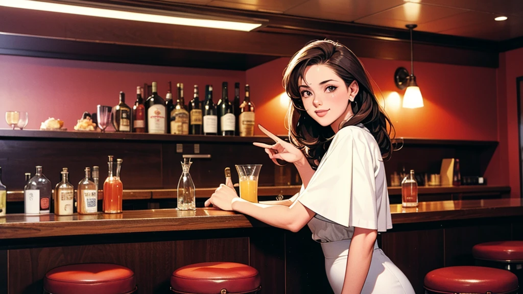 Italian girl with short brown hair, angular chin, sitting at a bar table
