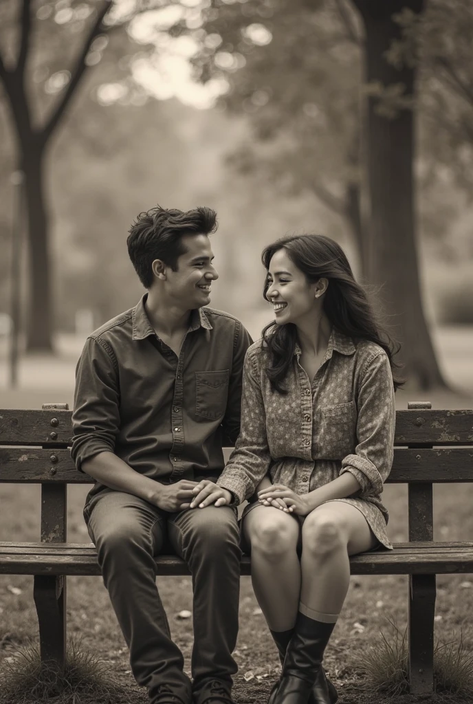 Draw Sofia and Miguel, still young, sitting together on a bench in the city park. They are smiling at each other, with a gleam of happiness in their eyes, while the leaves of the trees sway softly in the background