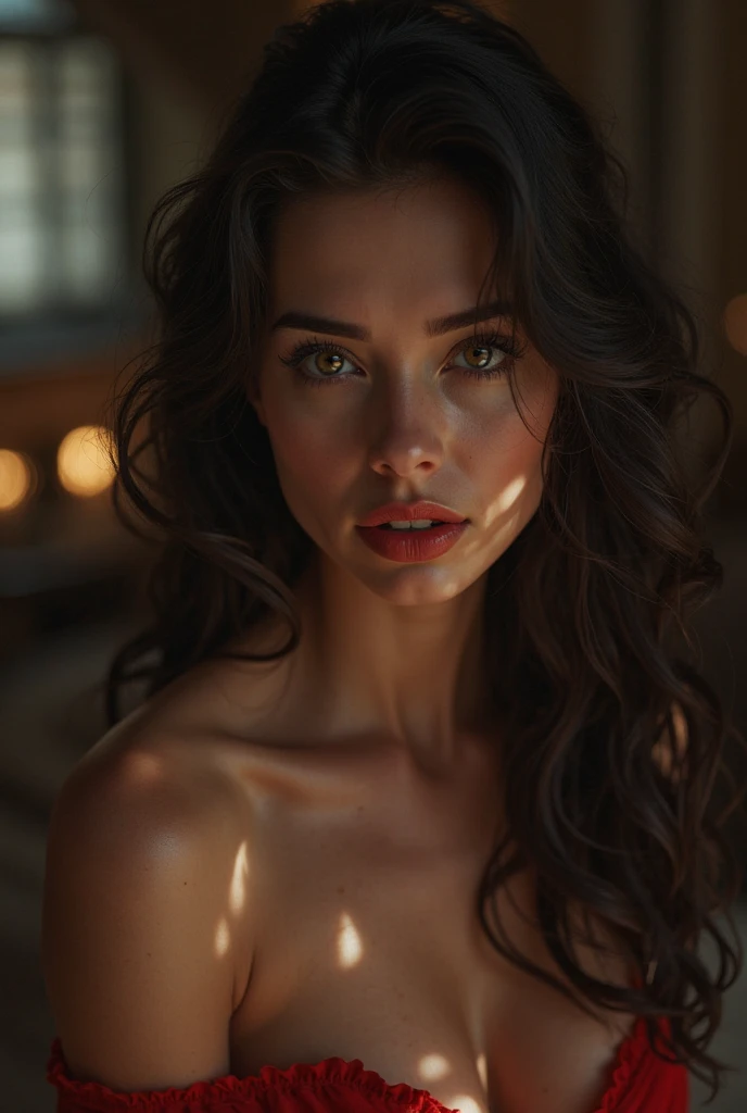 (selfie, top view: 1.4), (straight half of the body: 1.4), RAW UHD portrait photo of a 24-year-old brunette (brown-eyed woman) on a beach in bikini, large breasts,, city at night, (skirt), (neckline), details (textures! , hair! , glitter, color!! , disadvantages: 1.1), glossy eyes with high detail (looking at the camera), SLR lighting, SLR camera, ultra-quality, sharpness, depth of field, film grain (center), Fujifilm XT3, crystal clear, frame center, beautiful face, sharp focus, street lamp, neon lighting, bokeh (dimly lit), night, (night sky), detailed skin pores, oily skin, sunburn, complex eye details, full body, large breasts