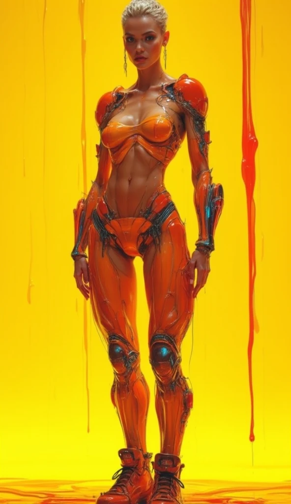 Alien woman with red skin and yellow eyes with blue nipples naked