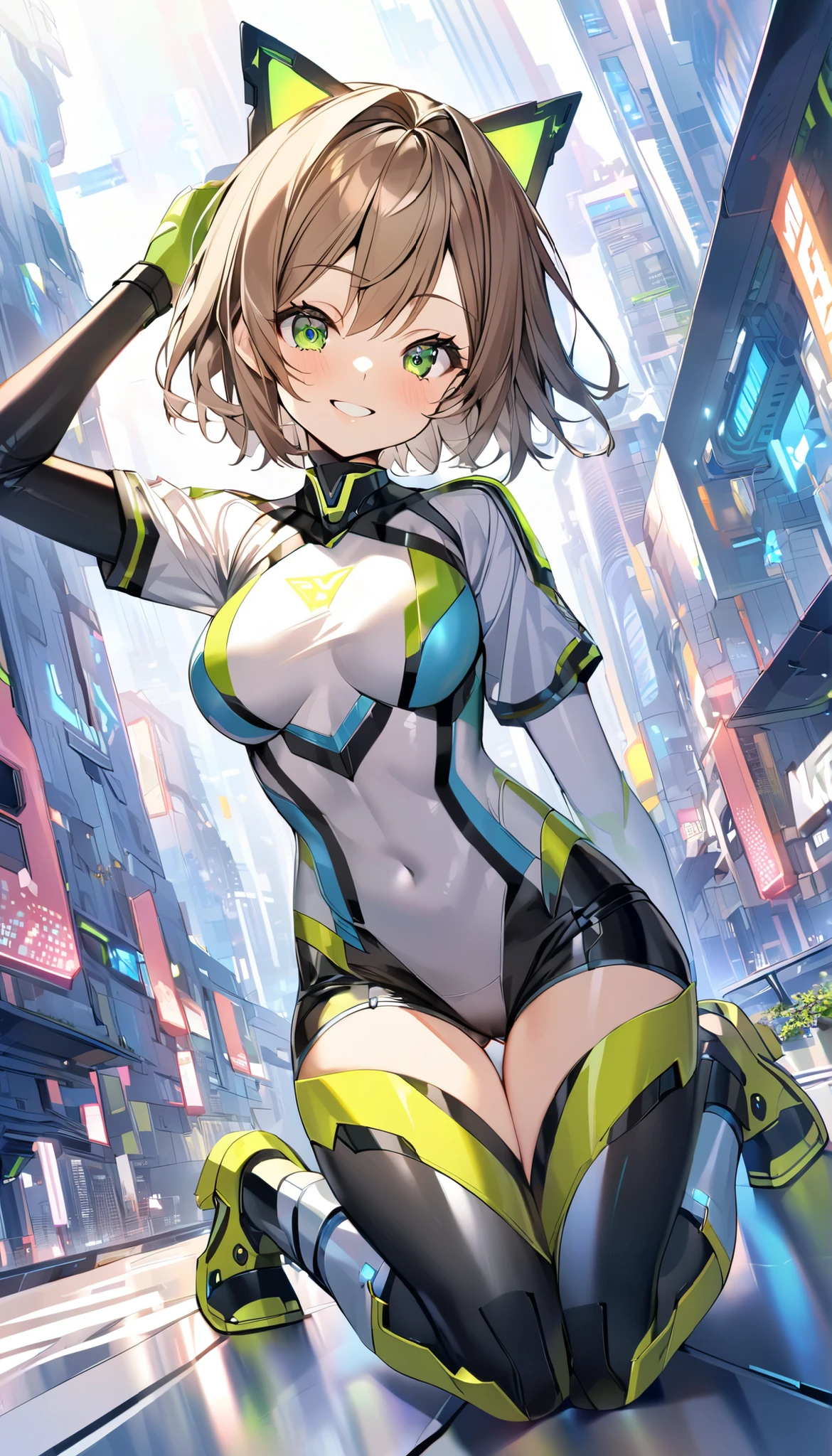 aile_megamanzx, kneeling with one hand on the ground and the other arm raised, 1girl, solo, short hair, brown hair, short sleeves, (bodysuit), robot ears, green eyes, (very_short_shorts:1.3), short sleeves, short over long sleeves, smile, in futuristic city, , high quality, medium_breasts,crotch, slouch,groin,dynamic_angle