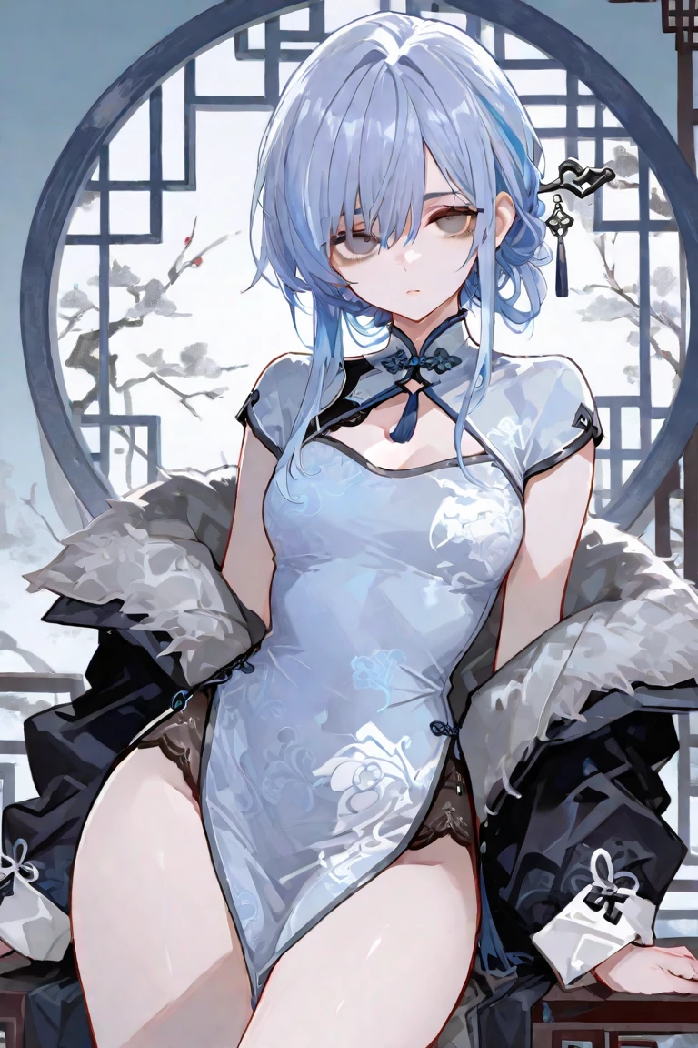 1girl, solo, cowboy shot, pose,ink,ink style,((((china dress)))),