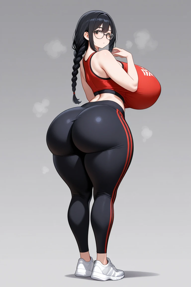 Unique milf alone with her back to the camera, con gorra deportiva, cabello negro, piel morena, muscular athletic body, cintura delgada, caderas muy anchas, piernas gordas, culo enorme muy grande gordo, red leggings showing thong and very defined buttocks, top deportivo blanco, tenis blancos, escenario de bosque