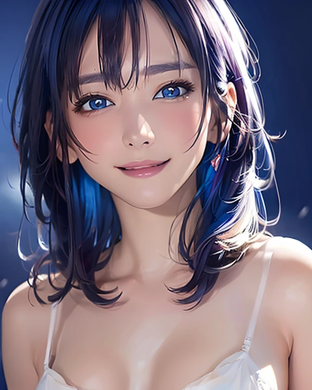 8K, Top Quality, Intricate Details, Ultra Detail, Ultra High Resolution, Masterpiece,selfie, selfie shot (selfie, selfie shot,), ((close up shot, face shot, close up shot, portrait, face shot, passport shot, very close up shot, )), (full body: 1.1), Slender, Smile, ((smirk)) , smile, smirk, (Makeup: 0.4), ((,)), (Fluffy blue Eyes: 1.21), (()), 1girl, solo, 1 girl, ((, blue hair ,bangs, blue hair, dark blue hair, blue hair, bangs, long hair, bangs, messy hair )), close up shot, , ((tall)), (((fit body))), (((slim face))), sharp face, ((, wind blow hair, wind blow hair, )) , (detailed face), sharp face, small lips, ((naked, nude, )), , ((lying down, laying down, )), detailed face, detailed breast, , ((detailed nipples)), detail ass, Narrow Waist, Skinny, tall , 175 cm tall, Muscular, Navel, Exposed Abdomen, Pointed Chest,, Beautiful girl with accentuated slender abs: 1.4, Six Pack Abs: 1.4, Bust Botox, Big, Perfect Body, detail leg, (( dark background)), black background,