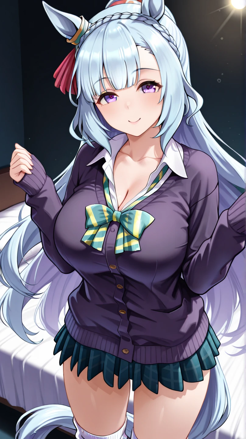 1girl, breasts, jewelry, solo, blue hair, ahoge, purple eyes, skirt, large breasts, smile, looking at viewer, sweater, turtleneck, open mouth, earrings, necklace, purple skirt, long hair, turtleneck sweater, coat, white sweater, braid, open clothes, blush, brown coat, open coat, long sleeves, :d, pleated skirt, ribbed sweater, jacket, upper teeth only, teeth, side lock