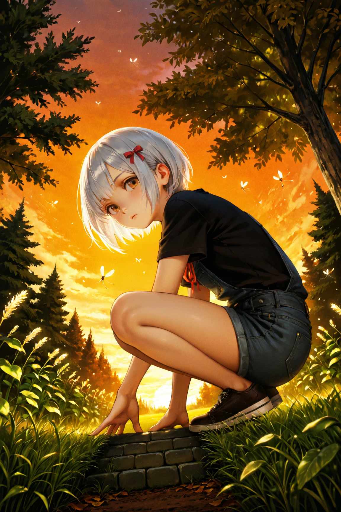 red fox,Sit on the groundd,((Shota)), Red and white hair, Very good figure, Handsome,adolable, Light:Extreme light and shadow, Reflective skin,Reddish skin,((Black short-sleeved T-shirt)) ((Wear black pedal socks)), ((Wear black fingerless gloves))((Black shorts))",((Under the pink sunset)),Outdoor sunset,Purple clouds,((the detail))