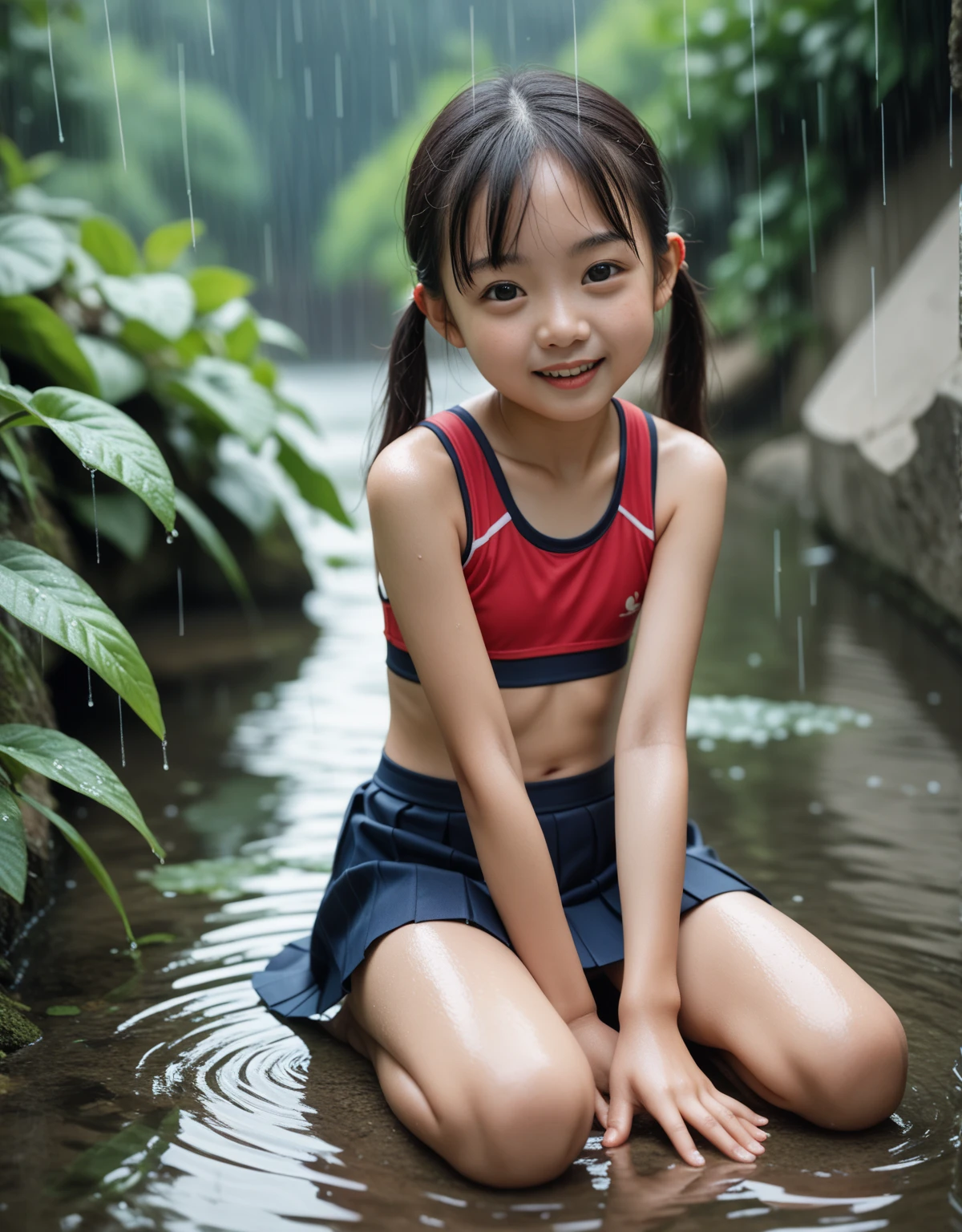 young asian girl, young asian girl, young Japan girl, cute young girl, young and cute girl, standing in shallow river, hyperrealist portrait in river, water, jungle river, Japan teenage portrait, short hair, eating ice cream in swimsuit