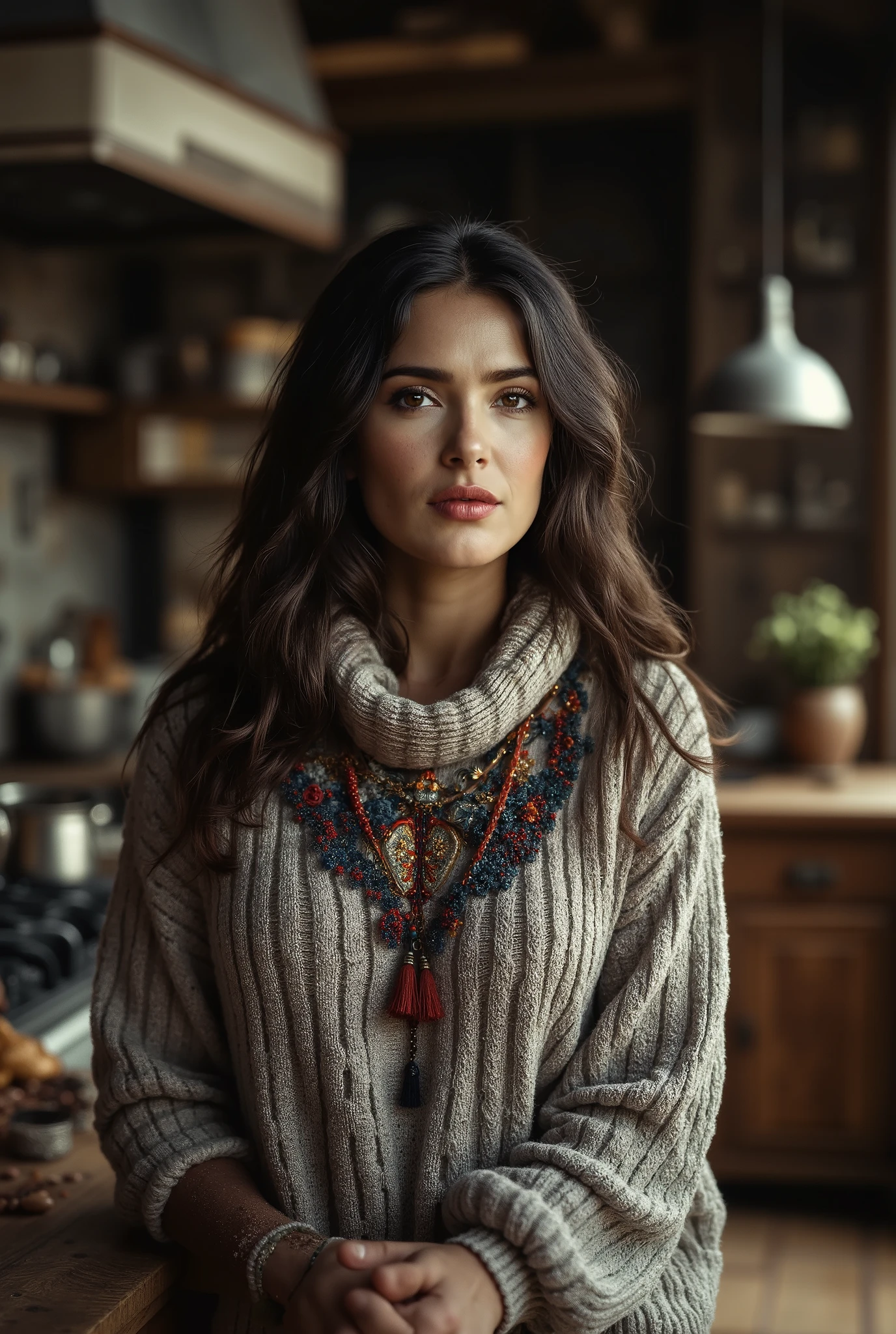 woman wearing a araf sweater, long hair, kitchen
