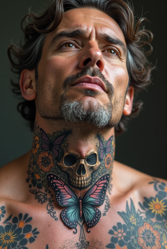  A man with brown eyes jawline pitch black hair and nationality being russian and american tattoos all over his body and a skull tattoo on his chest.
