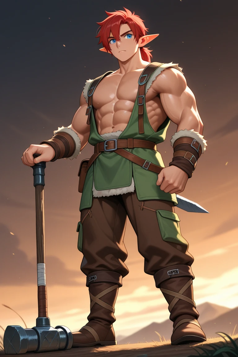 masterpiece, best quality, 1 male, adult, tall muscular, handsome, finely detailed eyes, intricate details, farmer, red hair, green eyes, topless