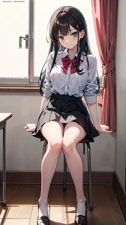 (masterpiece, best quality, ultra detailed, absurdness)1.5, 1girl Eris Boreas Greyrat (sexy, beautiful woman, perfect face, perfect eyes, perfect female body, huge breasts)1.5 (Japanese , skirt, brown shoes, long white socks, [knee socks thigh] loafers, long messy hair, big hair) (sitting on a desk, crossed legs, inside a classroom), perfect lighting, smooth