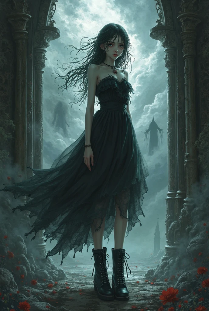 illustration, (mystical elf) young female, slim build, dark elf, dusky skin, violet eyes, intricate braids hair, wearing a silver layered chiffon elven gown , sturdy sandals , vine-wrapped bracelet,moonstone ring, subtle lip tint, feathered hairpin,carrying a glowing firefly lantern, set in ancient cemetery Mausoleum, Shadowy chamber with crumbling stone walls adorned with cobwebs, marble sarcophagi standing sentinel, flickering candlelight casting eerie shadows, a musty scent of decay lingering in the air, in the moonlight, illusion, black ink, washed-out, ink smears, ink splashes, intricate details, ultra sharp, Exquisite detail, flawless composition, masterpiece, monochrome