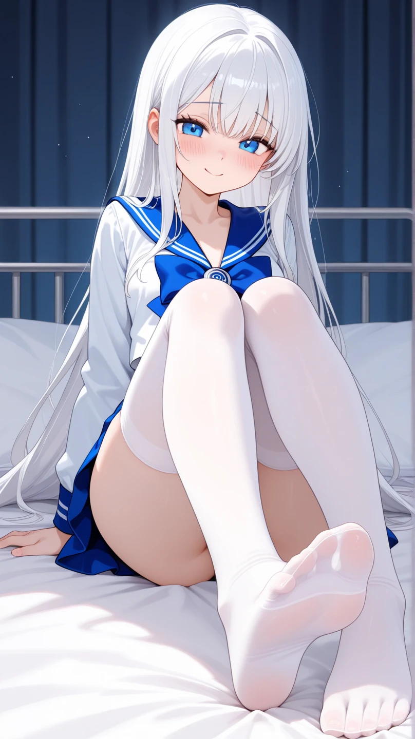 (masterpiece, best quality, anime style, cute, kawaii), 1girl, solo, illustration, looking at viewer, school, depth of filed, light on face, portrait, silver hair, white panties, (spread legs, open legs, knee up), naval, groin, perineum, leaning back, body tilt, open mouth, blush, small breasts, arms behind back, cowboy shot, dutch angle,
