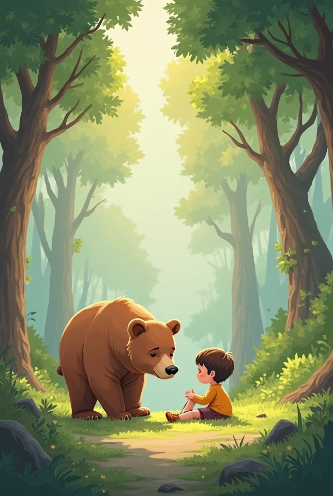 In the style of 4K quality viral cartoon digital illustration, the bear stood under the tree and Rahul and Mohan sat in the tree in fear. One friend said to another, " if we sit quietly like that, the bear will eat us."The other friend said," what to do then?"