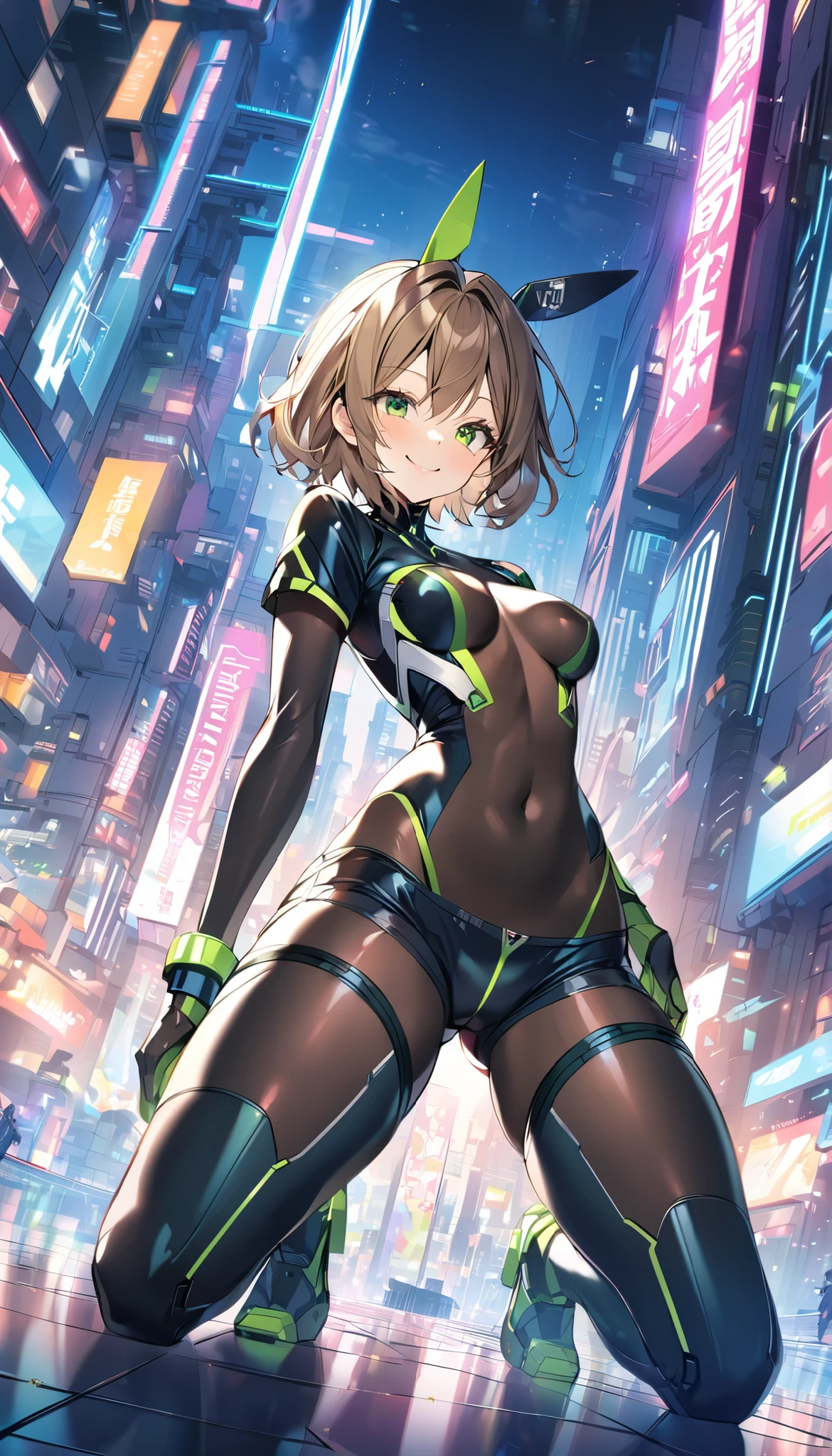 aile_megamanzx, kneeling with one hand on the ground and the other arm raised, 1girl, solo, short hair, brown hair, short sleeves, (bodysuit), robot ears, green eyes, very_short_shorts, short sleeves, short over long sleeves, smile, in futuristic city, , high quality, medium_breasts,crotch, slouch,groin