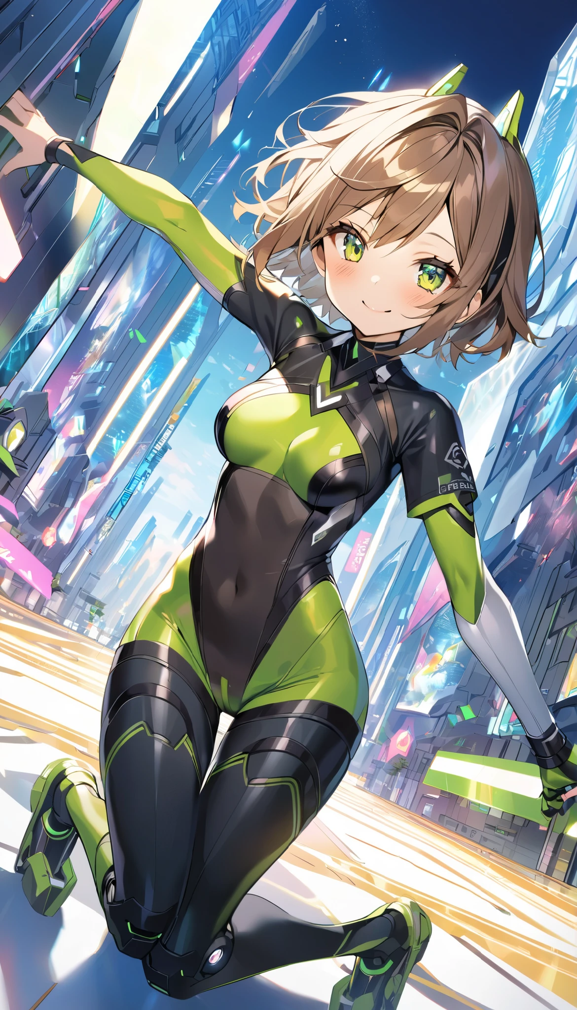 1teen_girl, kneeling with one hands on the ground solo, short hair, brown hair, short sleeves, (latex_bodysuit), robot ears, green eyes, short sleeves, short over long sleeves, bare_thighs,smile, in futuristic city, , high quality, medium_breasts,crotch, slouch,groin,dynamic_angle,open_legs,