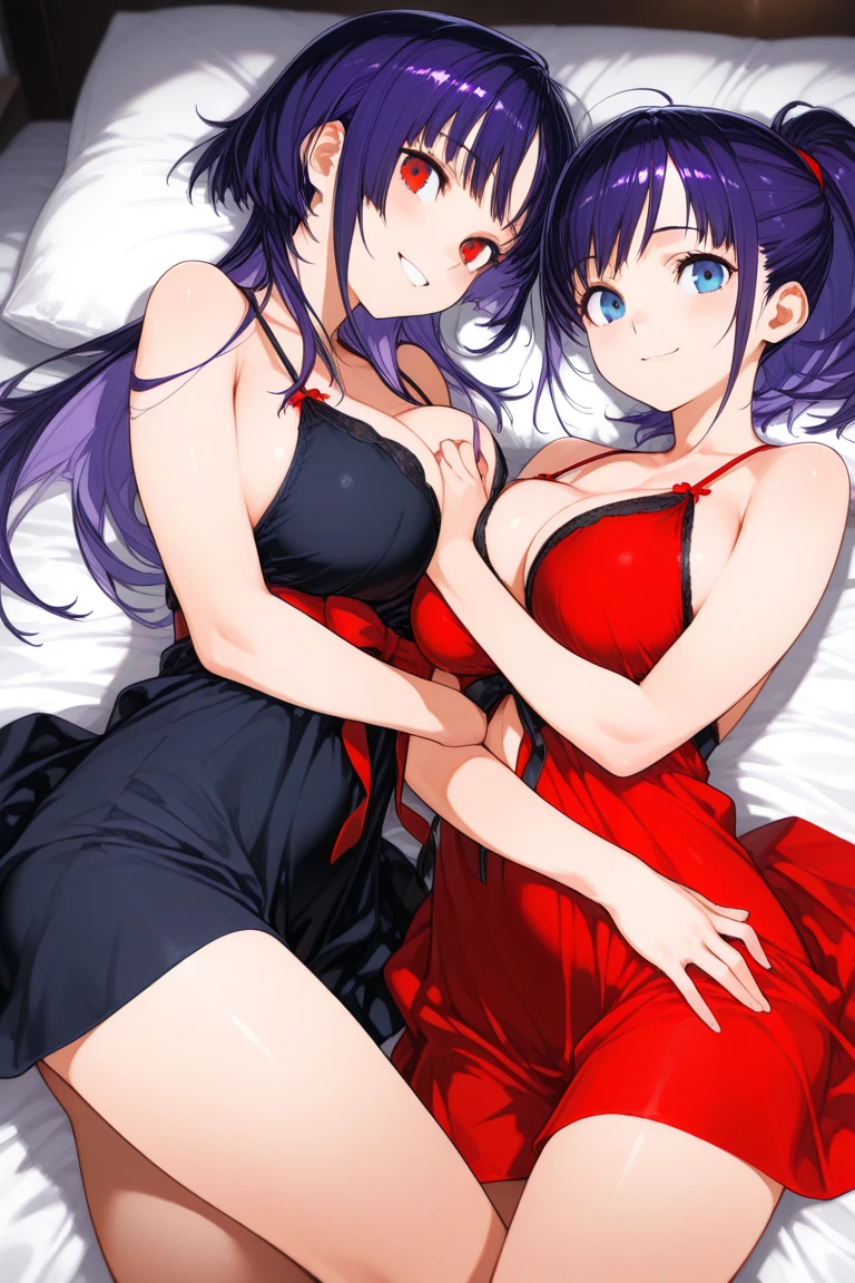 ((Best quality, 8k, Masterpiece :1.3)), dramatic lighting, Konan Naruto Akatsuki, beautiful woman, 1girl, huge breasts :1.3, (firm abs, slender figure :1.1), lusty, short purple hair, orange eye,(panties :1.1), ultra-detailed face, detailed lips, detailed eyes, double eyelid, hot couple, boyfriend, man friend, double pose, bed, boudoir
