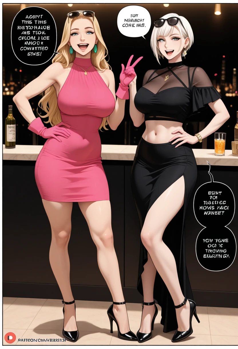 milfs, 2girls, large breasts, giganticc breasts, huge breasts, mature female, heavy breasts, short hair, silver hair, light skinned female, sweater dress, top cropped, thick dress, violet scarf, orange eyes, large ass, Curvilinear waist, breasts resting on the arms, arms under breasts, looking at the viewer, bra edges on dress, sensual cleavage, on the town park, holding a shopping bag, full breasts, breasts larger than head, mature face, curvy female, thick thighs, voluptuous female, full-body shot, red dress, elegant dress, lace-trimmed pantyhose, belt on dress, flower printed on dress, delicate gloves, bra strap appearing, soft breasts, breasts press against her other, female focus, mommy breasts, mommy, mom and her daughter, pink bra