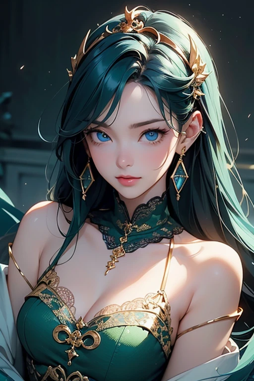 young girl, long turquoise hair, cat ears, turquoise eyes, Smile, black jacket, Green tight dress, diadem, Gold Elements, She-ra, Masterpiece, hiquality, 4k, HD, Good detail